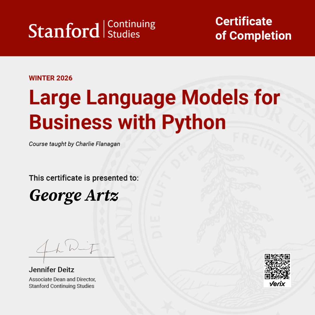 Certificate of Completion — Large Language Models for Business with Python
