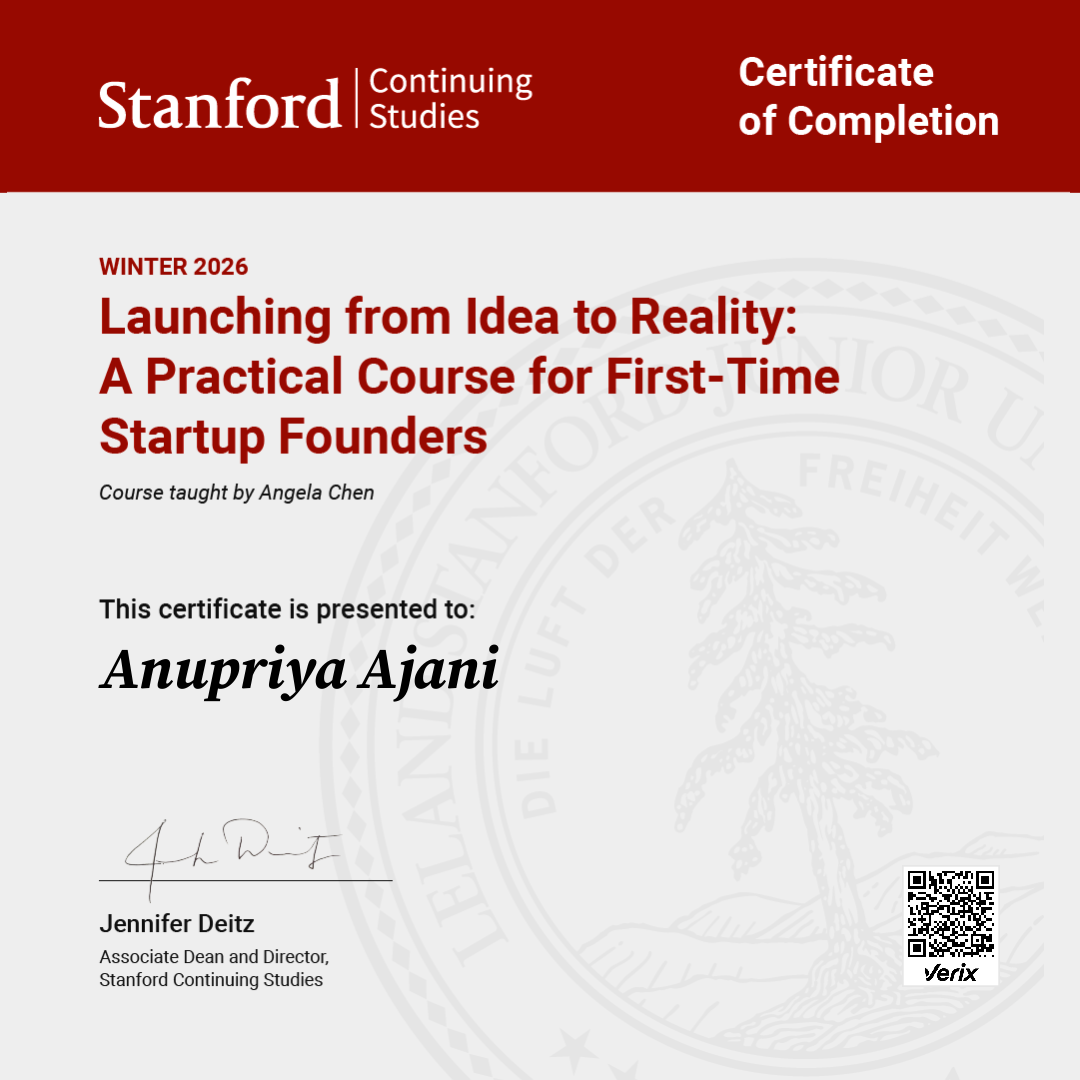 Certificate of Completion — Launching from Idea to Reality: A Practical Course for First-Time Startup Founders
