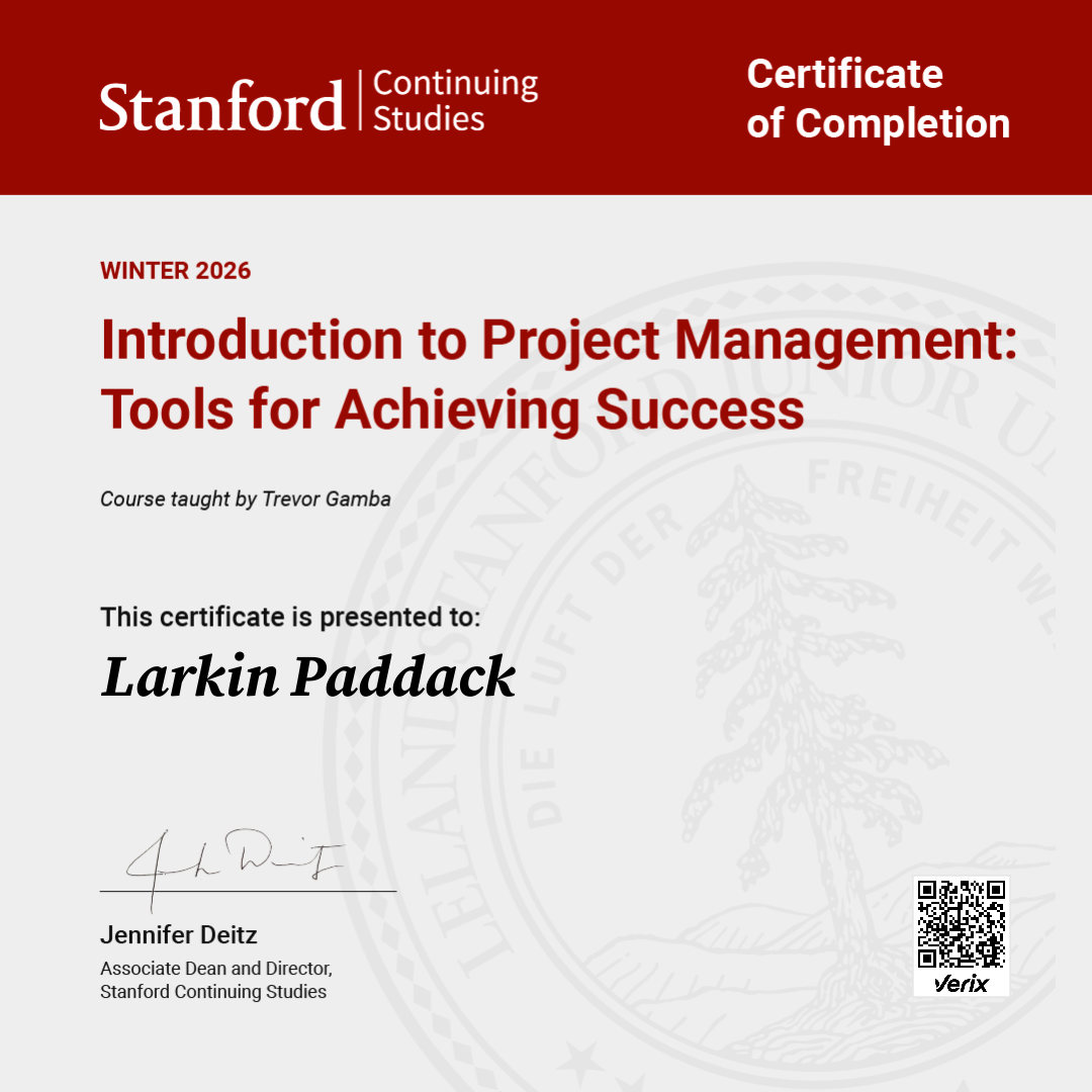 Certificate of Completion — Introduction to Project Management: Tools for Achieving Success