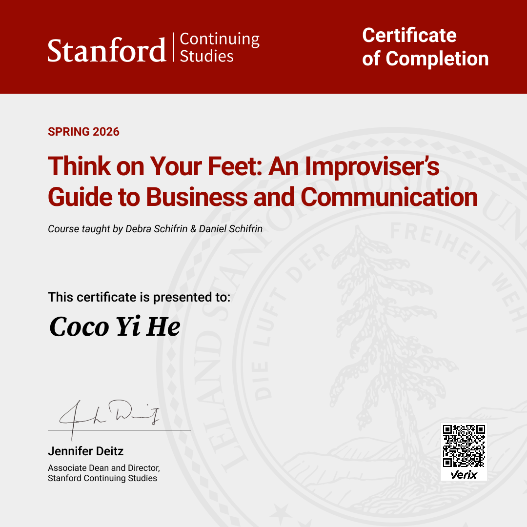 Certificate of Completion — Think on Your Feet: An Improviser’s Guide to Business and Communication