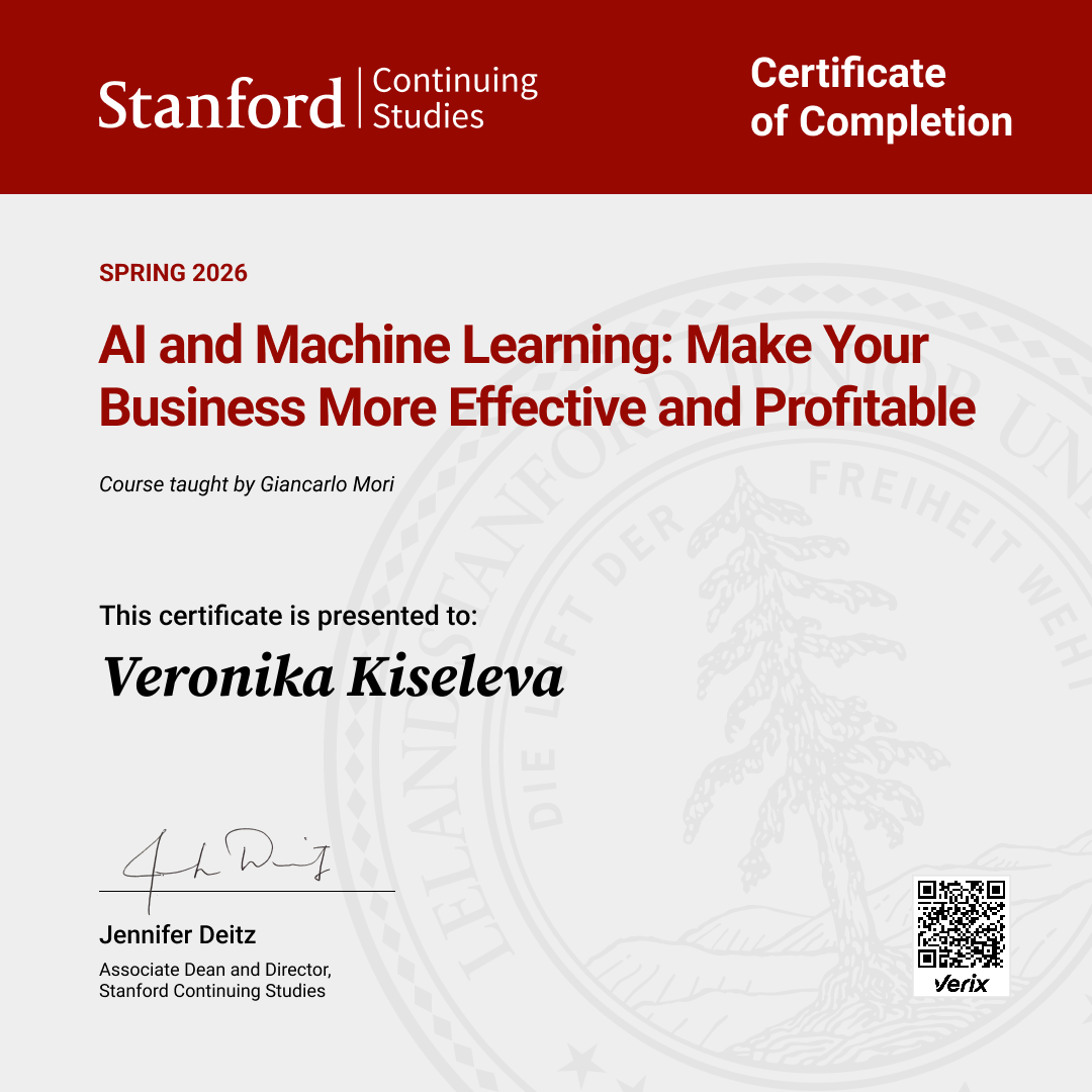 Certificate of Completion — AI and Machine Learning: Make Your Business More Effective and Profitable