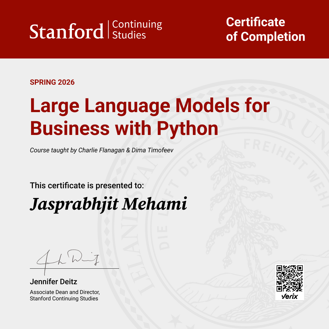 Certificate of Completion — Large Language Models for Business with Python