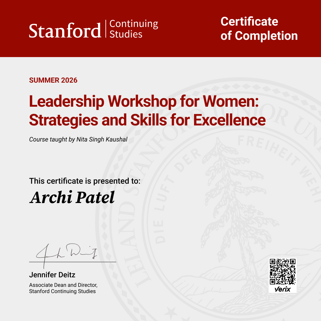 Certificate of Completion — Leadership Workshop for Women: Strategies and Skills for Excellence