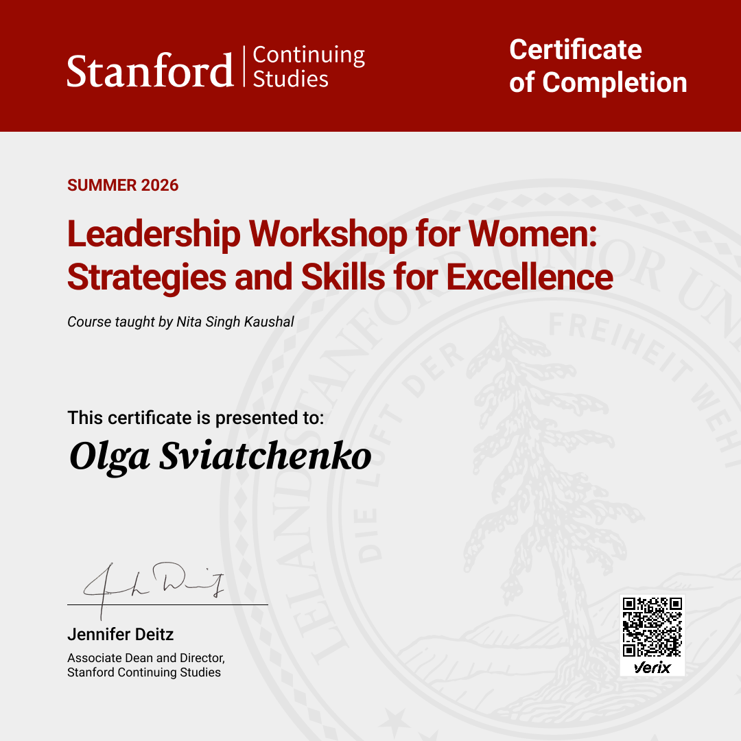 Certificate of Completion — Leadership Workshop for Women: Strategies and Skills for Excellence
