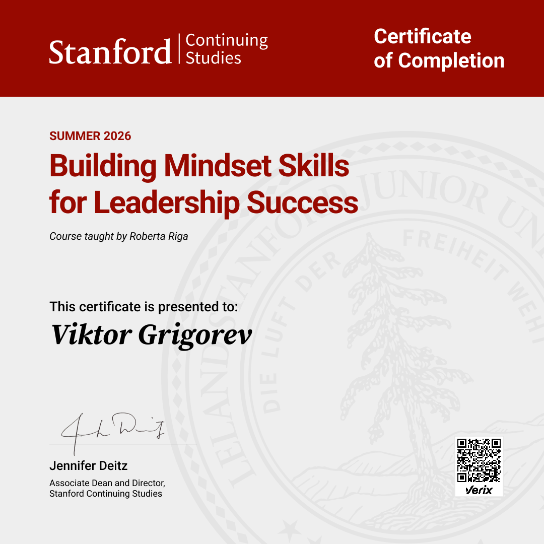 Certificate of Completion — Building Mindset Skills for Leadership Success