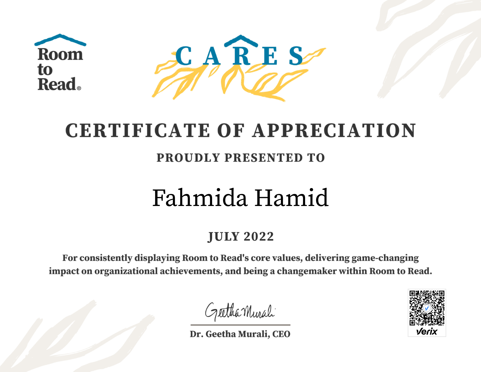 2022 CARES Award Certificate