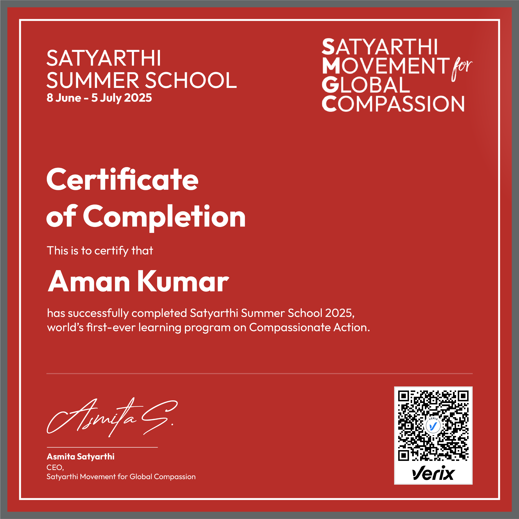 Satyarthi Summer School Completion Certificate