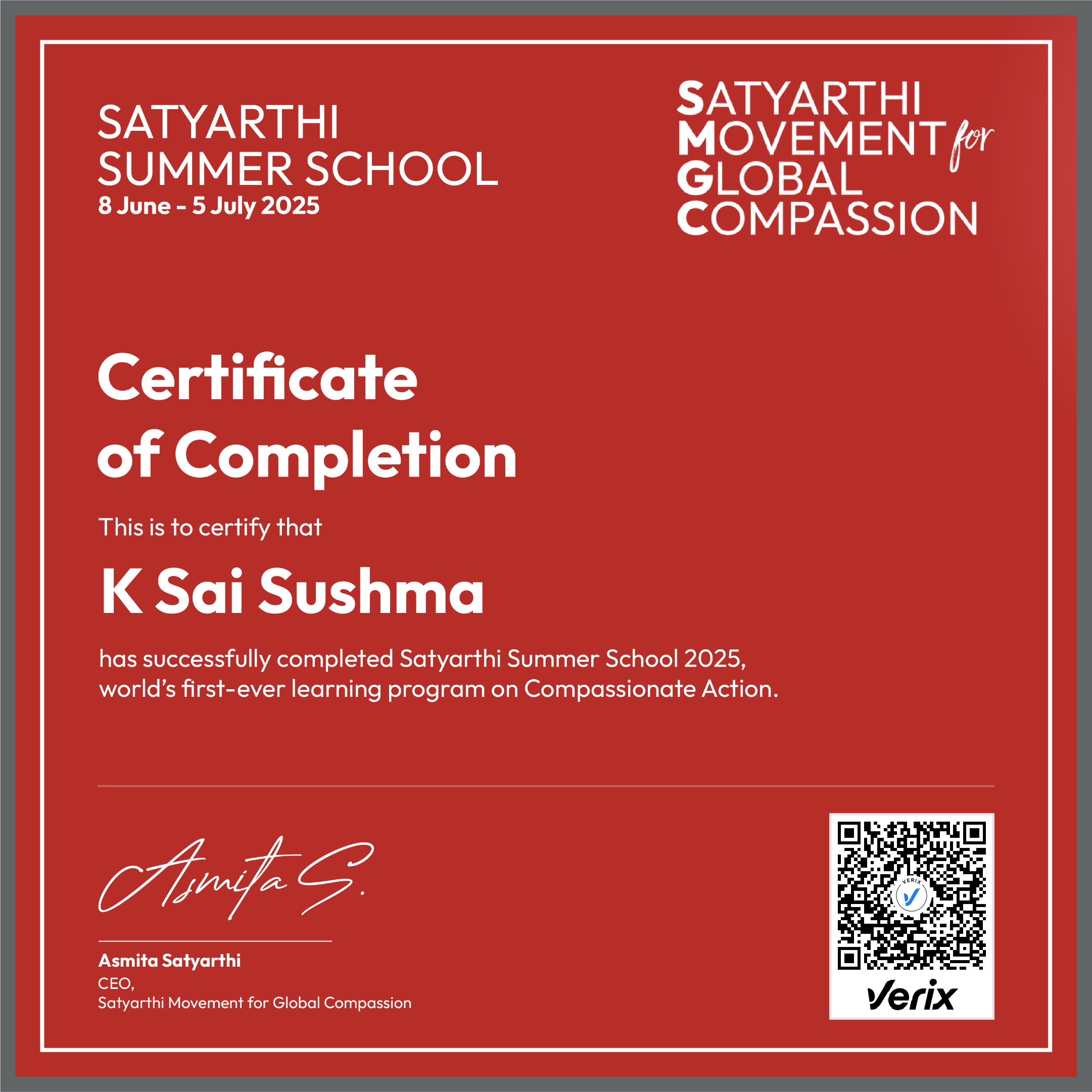 Satyarthi Summer School Completion Certificate