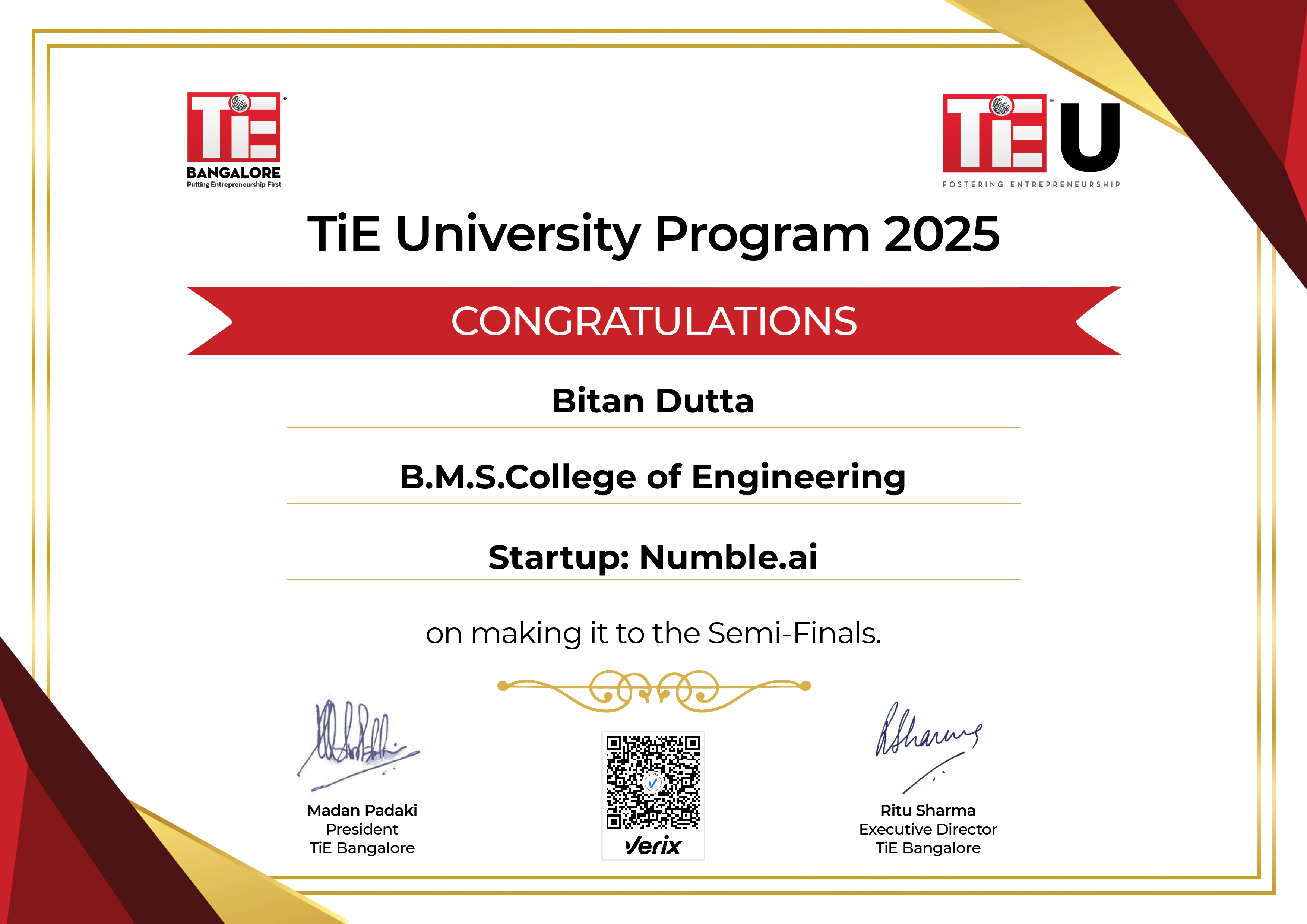 TiE U: Semi Finalist Certificate