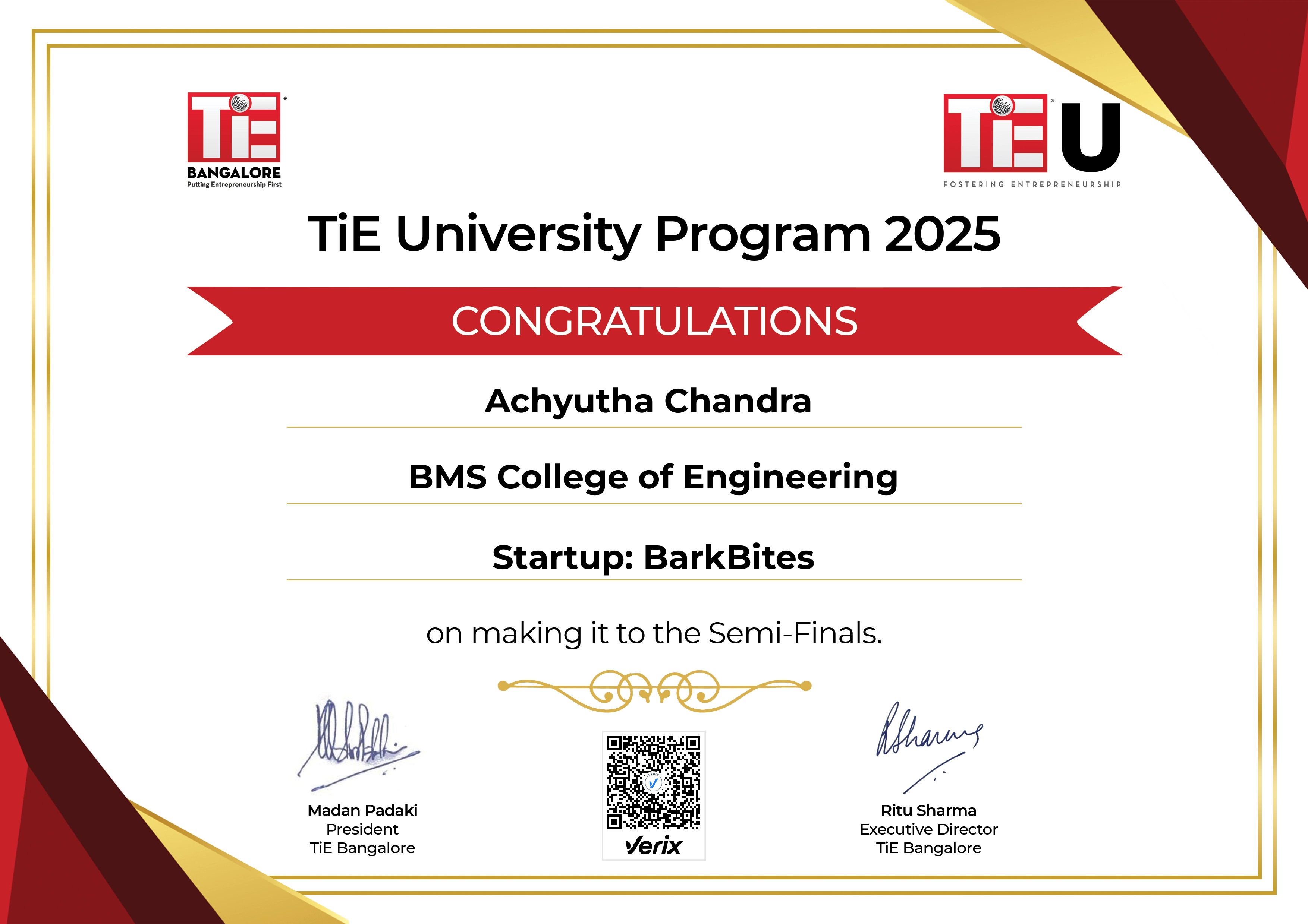 TiE U: Semi Finalist Certificate