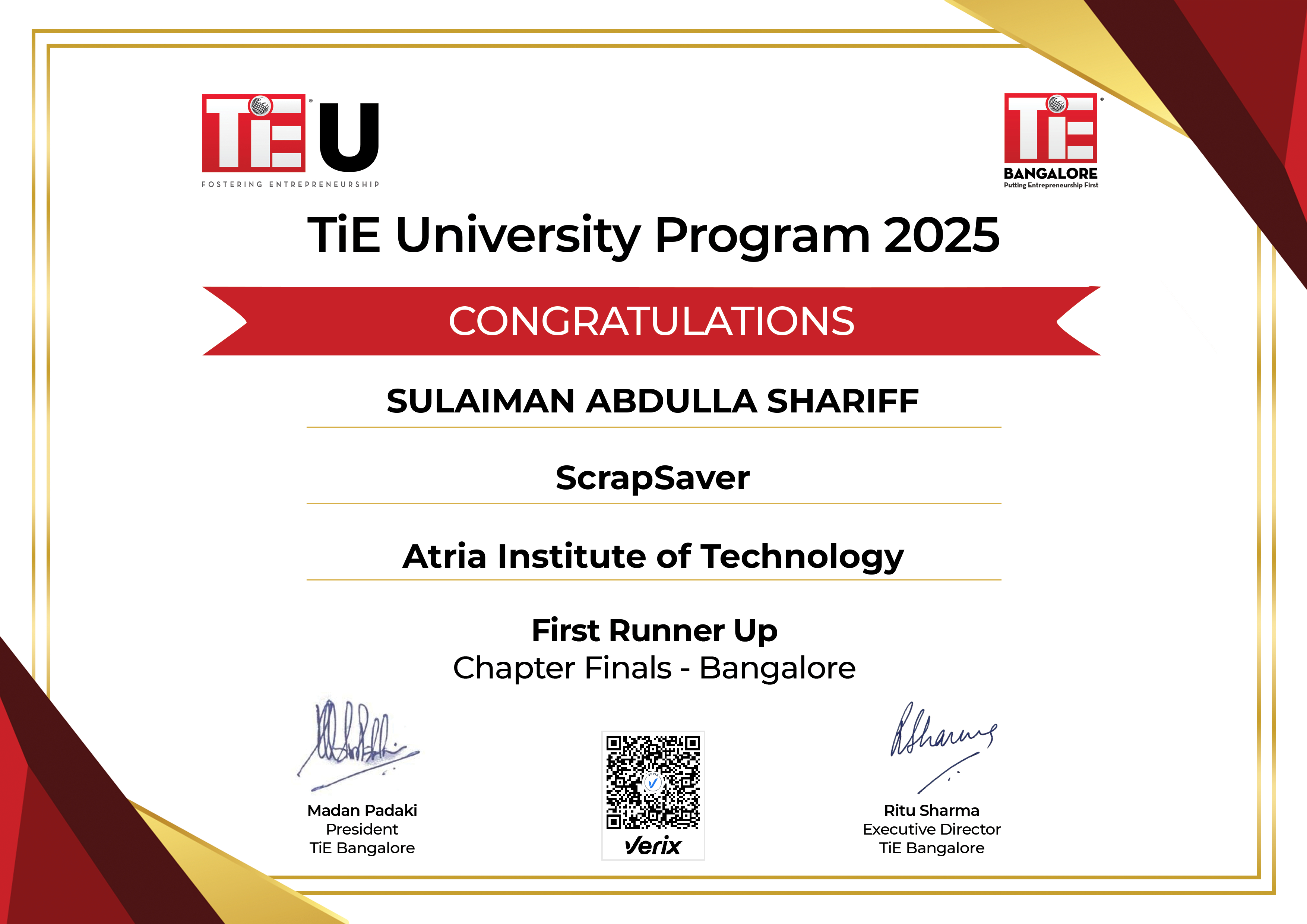 SULAIMAN ABDULLA SHARIFF: TiE U Certificate - 1st Runner Up
