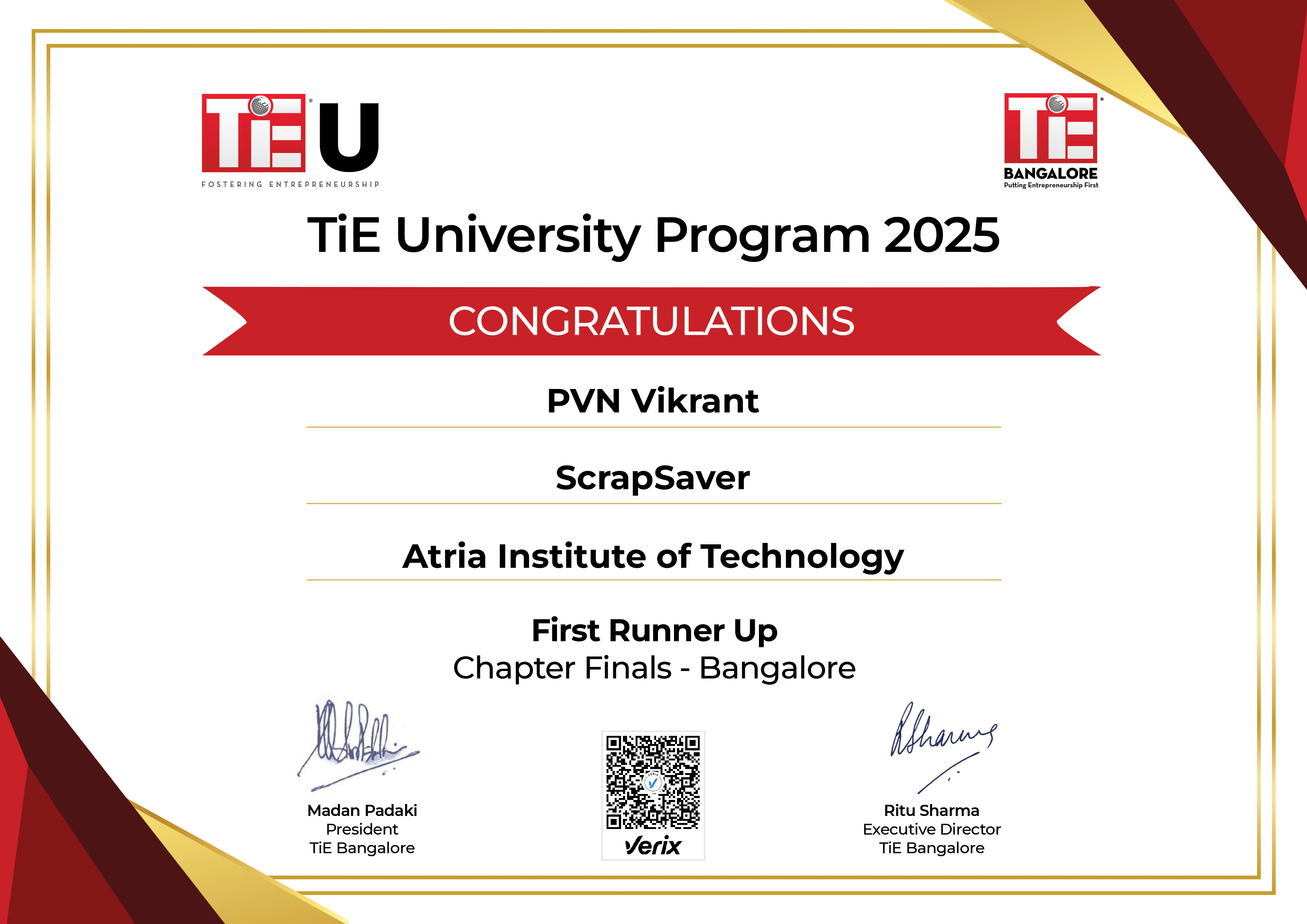 PVN Vikrant: TiE U Certificate - 1st Runner Up