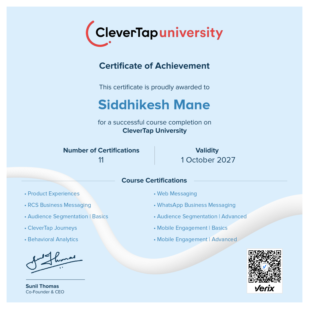 CleverTap University: Certificate of Course Completion