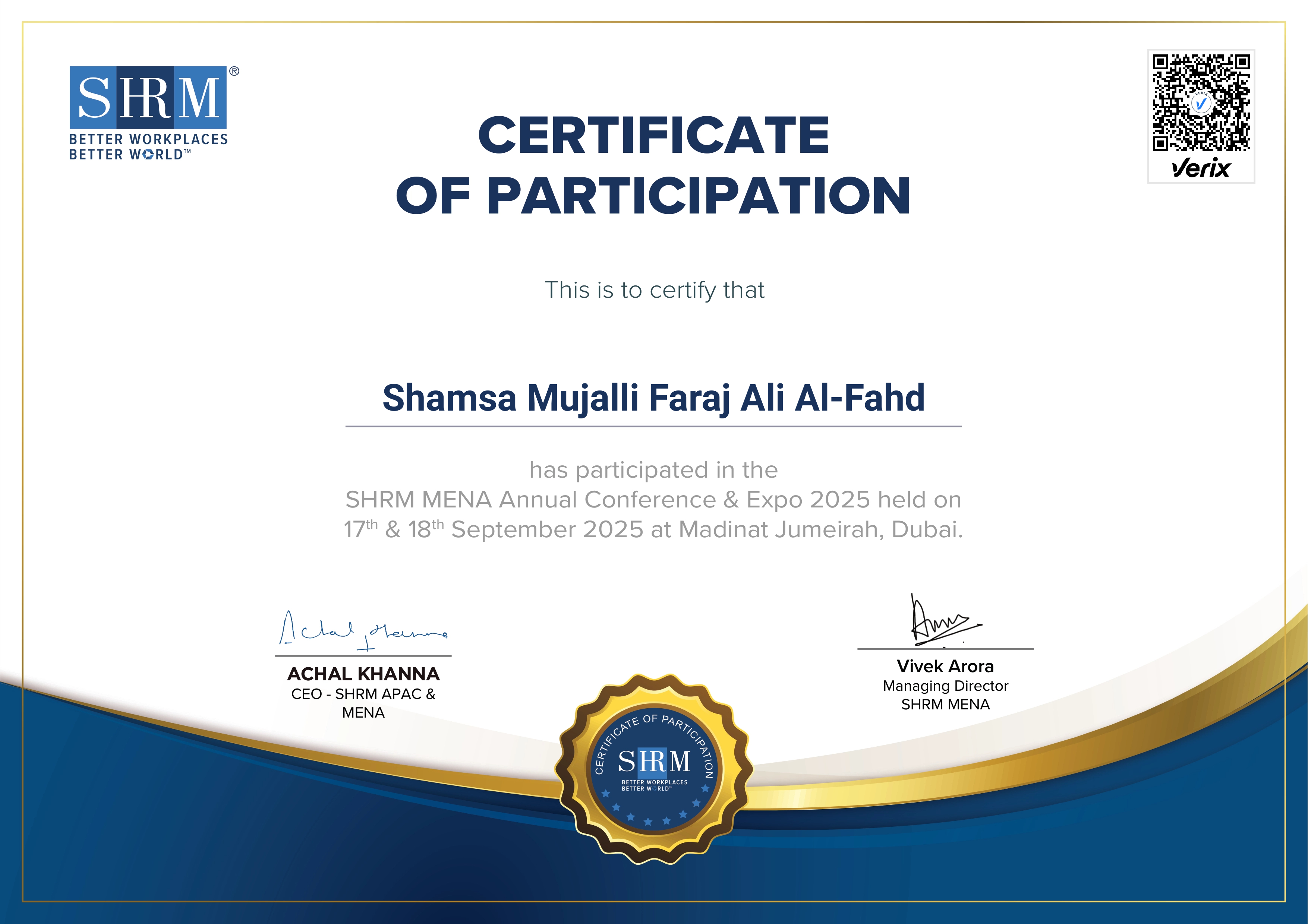 SHRM MENA25 Delegate Attendee Certificate