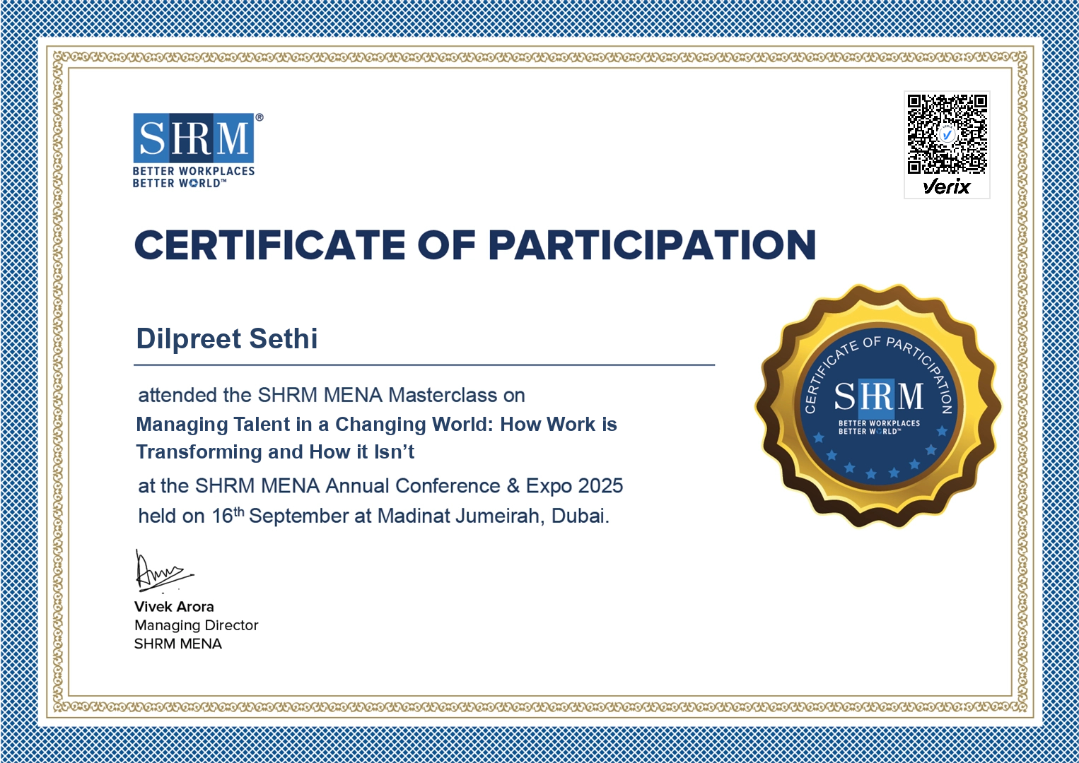 SHRM MENA25 Masterclass Attendee Certificates