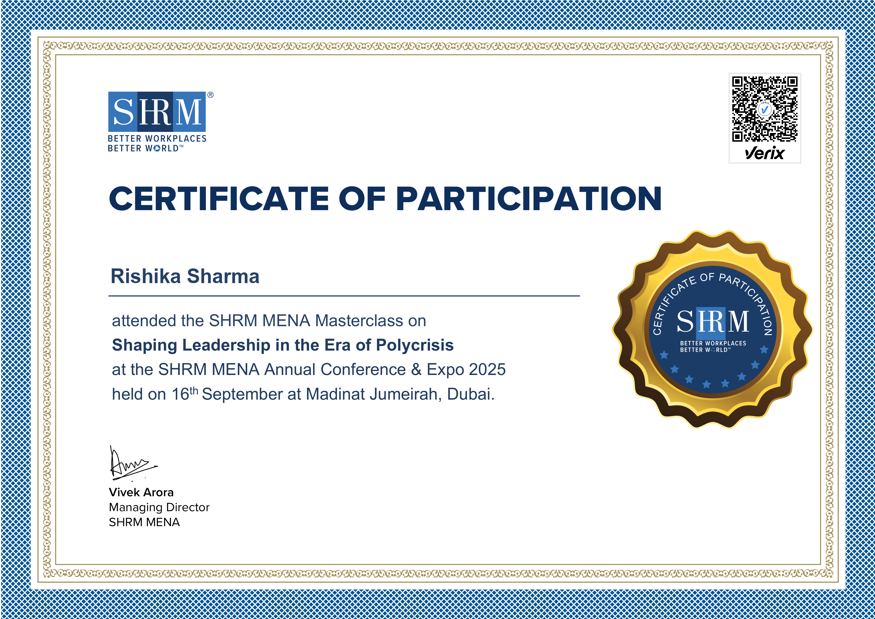 SHRM MENA25 Masterclass Attendee Certificate